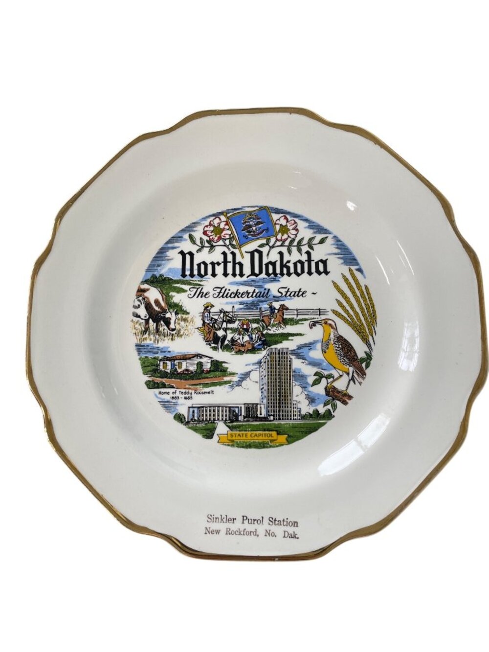Vintage North Dakota Collectible Plate Flickertail State 10 Inches State Capitol
